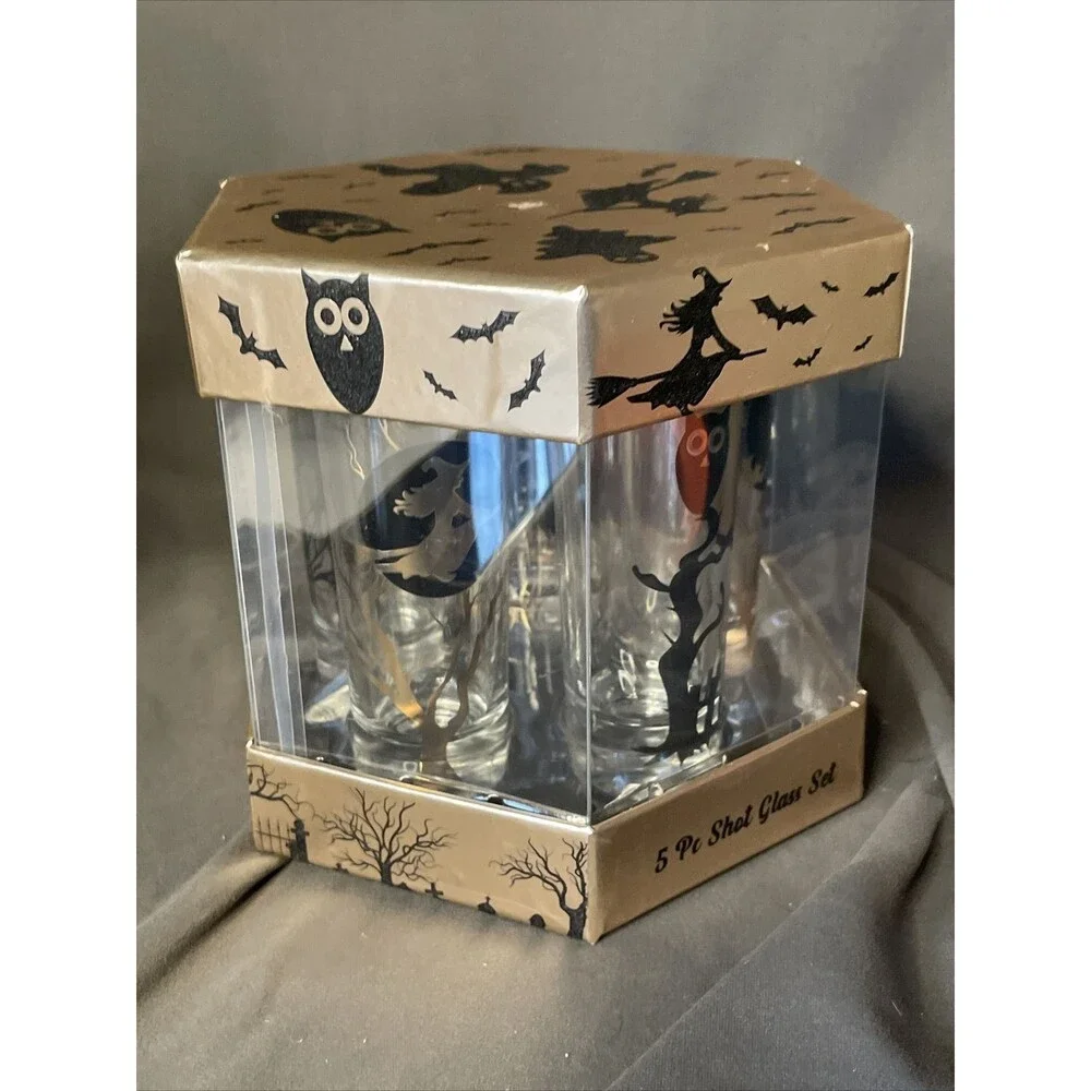 Halloween Shooters Shot Glass Set of 5 Witch Ghost RIP Bat Cat Haunted House NEW